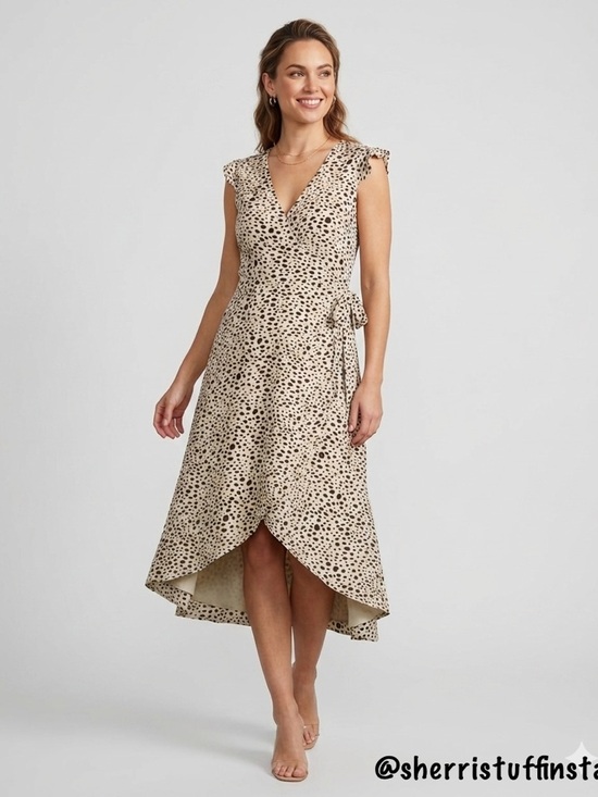 BB Dakota by Steve Madden Dresses & Skirts - Like New BB Dakota Steve Madden High-Low Wrap Midi Dress Polka Dot Beige Black S